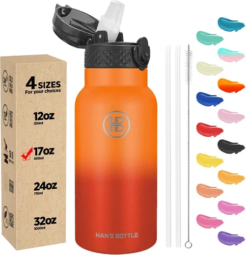 Miniatura 31 de Han's Bottle - Botella de agua para niños con tapa con pajilla - Vaso reutilizable de acero inoxidable aislado para niñas, niños, taza termo, 17