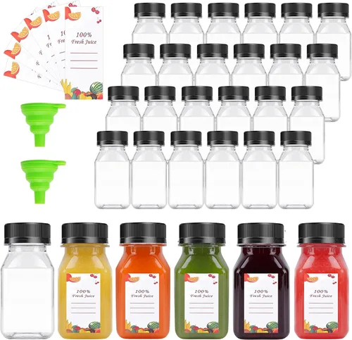 Miniatura 12 de OBKJJ 80 piezas de botellas de jugo de 2 oz, botellas de jugo con tapas reutilizables, botellas vacías transparentes con etiqueta, embudo, cepillo