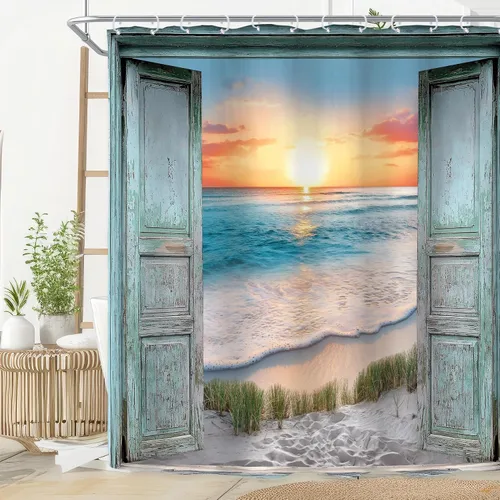 Miniatura 24 de Riyidecor Cortina de ducha para puerta de granero verde azulado para decoración de baño, 36 pulgadas de ancho x 72 pulgadas de alto, paisaje