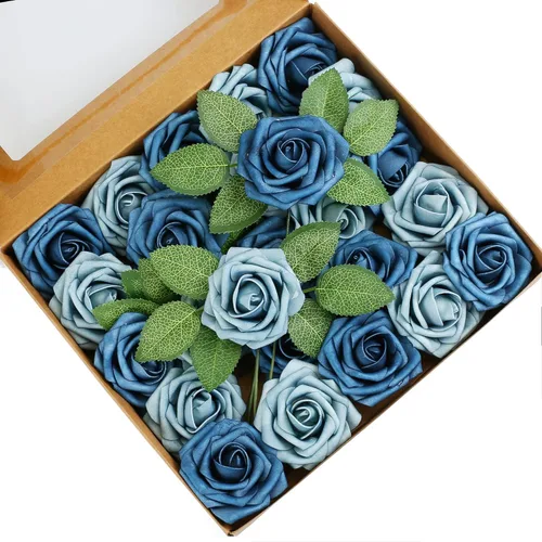 Miniatura 28 de Higfra Flores artificiales, 25 rosas falsas de espuma de aspecto real con tallos para ramos de boda, centros de mesa de despedida de soltera, Brillo
