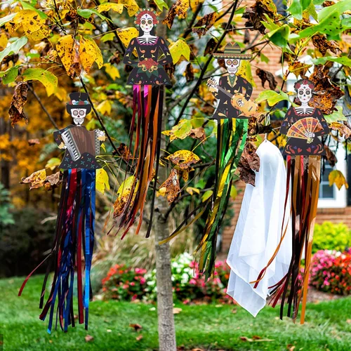 Miniatura 7 de codree 4 decoraciones colgantes de calavera de azúcar del día de los muertos, 27.5 x 5 pulgadas de diámetro de los muertos, decoraciones colgantes