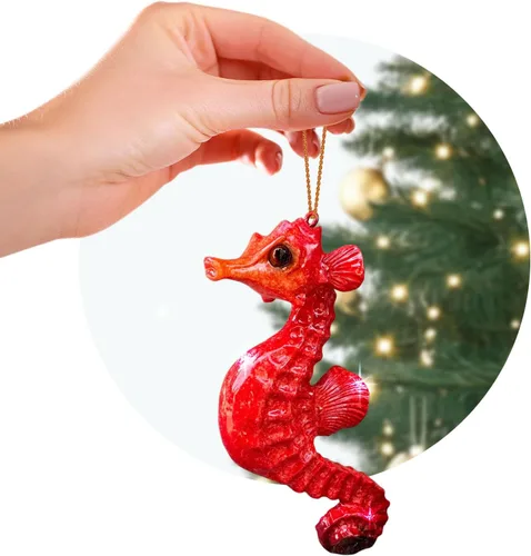 Adornos de Navidad – Pintados a mano – Relleno de calcetines, buceadores y amantes del océano (caballito de mar rojo)