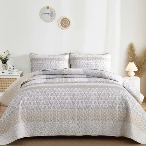Miniatura 2 de WONGS BEDDING Juego de edredón beige tamaño individual, juego de edredón de rayas bohemias de 3 piezas, juego de colcha acolchada de microfibra