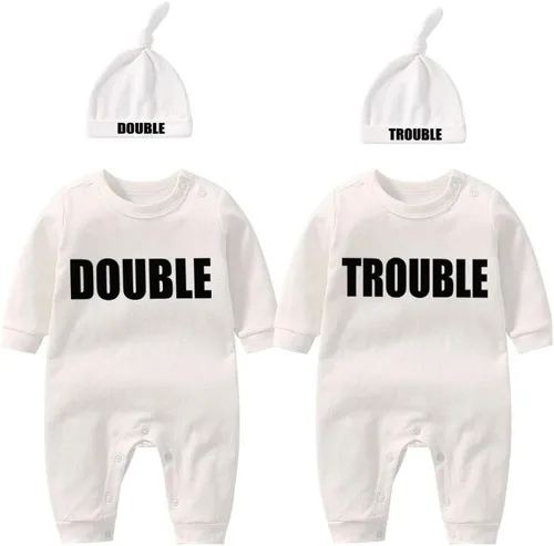 Miniatura 15 de YSCULBUTOL Conjunto de mameluco para bebé gemelos, divertido doble problema, lindo mameluco para niña, mono gemelo, conjunto de sombrero