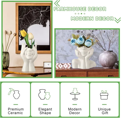 Miniatura 3 de Sieral 3 piezas de jarrón de cerámica con forma de cara femenina moderna con cuerpo de flor para decoración con cabeza, media forma de cuerpo