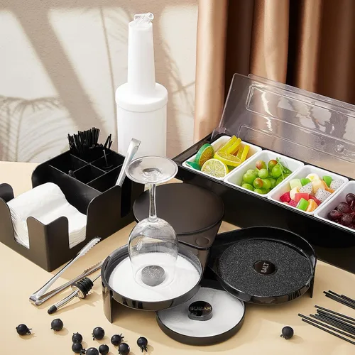 Miniatura 4 de Mifoci Suministros de Bartending Bandeja de Guarnición con Tapa Caddy de Bar Rimador de Vidrio de 3 Niveles 12 Vertedores de Botellas de Acero