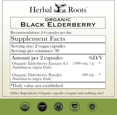 Miniatura 2 de Cápsulas de saúco orgánico Herbal Roots Máxima potencia Hechas con Sambucus orgánico 60 cápsulas veganas