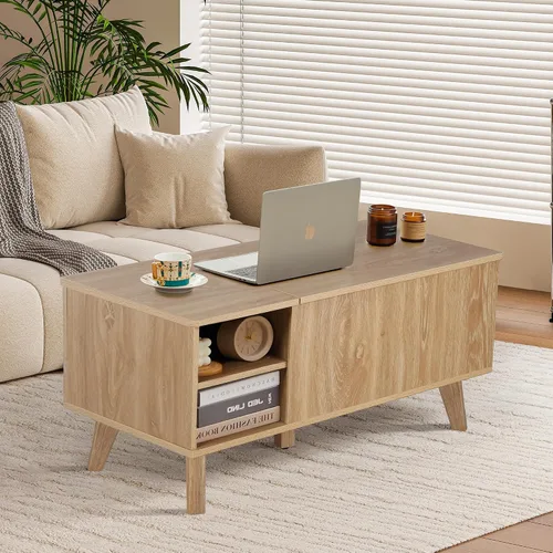Miniatura 4 de Mesa auxiliar bohemia con tapa elevable con almacenamiento para sala de estar, dormitorio, mesa auxiliar rectangular baja acanalada con cajones