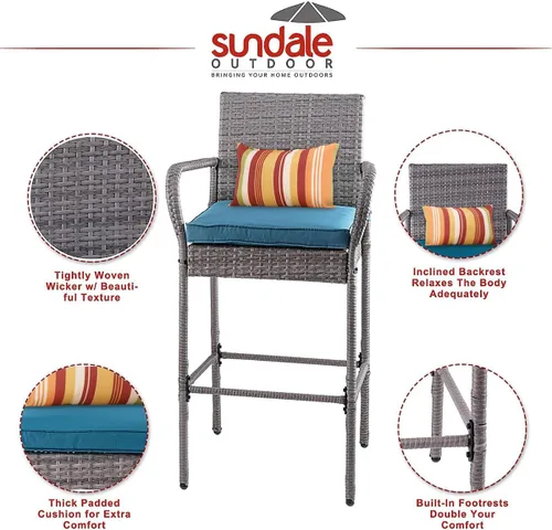 Miniatura 7 de Sundale Outdoor Juego de 2 taburetes de bar, 2 taburetes de mimbre de ratán, sillas de bar para patio con brazos, cojín azul, muebles de mimbre