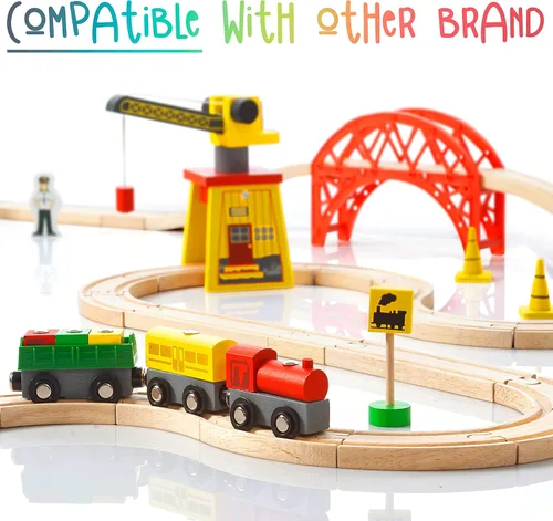 Miniatura 9 de KipiPol Juegos de trenes de madera para niños de 2 a 4 a 7 años – 38 piezas de tren de madera para niños pequeños con grúa, puente y pistas de tren