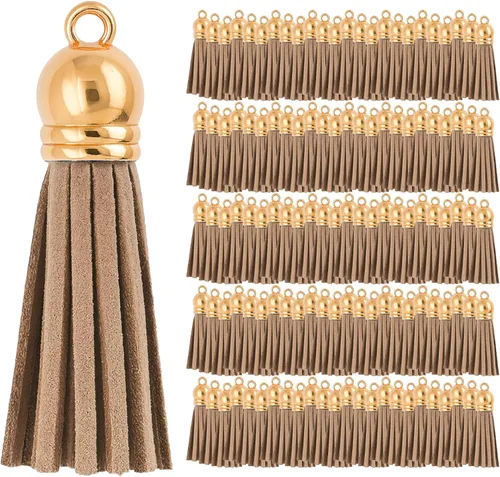 Miniatura 56 de Mandala Crafts 100 borlas de gamuza sintética color aguamarina con tapa dorada, suministros para hacer llaveros a granel, pequeñas borlas de cuero