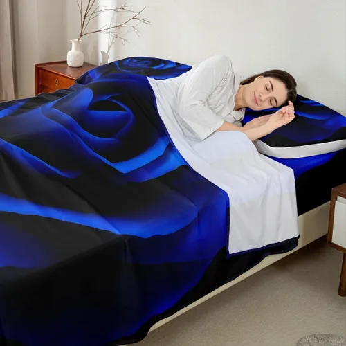 Miniatura 3 de Erosebridal Juego de sábanas de rosas tamaño individual, color azul, diseño romántico para mujeres, niñas, esposa, pareja, día de San Valentín