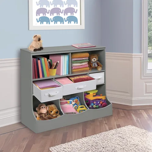 Miniatura 2 de Badger Basket Combo Bin Unidad de almacenamiento de juguetes y estante para libros para niños con 3 cestas - Gris
