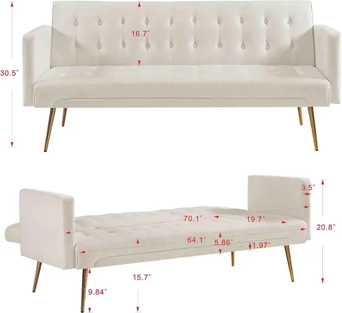 Miniatura 2 de Sofá cama futón moderno de terciopelo de 70 pulgadas, sofá cama convertible con patas y reposabrazos de metal, sofá biplaza tapizado plegable