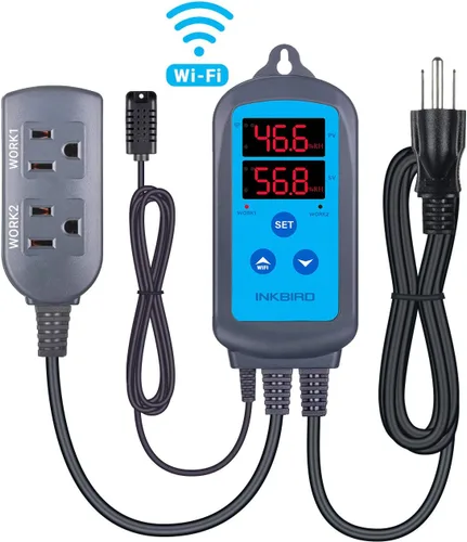 Miniatura 2 de Inkbird Controlador de humedad digital Wi-Fi IHC-200, enchufe doble precableado, humidistato para cultivo de hongos, curado de carne, reptiles