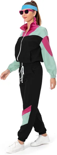 Miniatura 15 de Conjunto de traje de pista de bloque de color de los años 80, rompevientos de manga larga de los años 90, traje deportivo casual para mujer