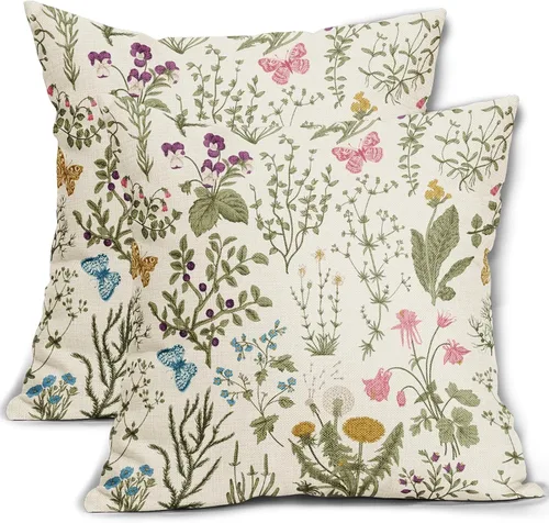Miniatura 14 de Juego de 2 fundas de almohada de primavera de 16 x 16 pulgadas, diseño de conejo, flores rosas, hojas verdes salvia, plantas botánicas vintage