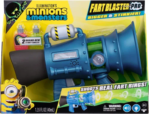 Minions Illumination's Monsters Fart Blaster Pro con 8 ajustes de olor, dispara anillos apestosos de hasta 6 pies (5.9 ft) de distancia, el juguete