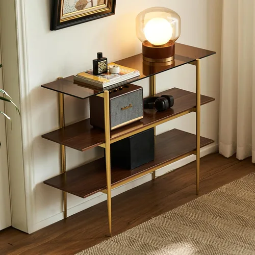 Miniatura 8 de Saint Mossi - Mesa consola marrón de 2 niveles para sala de estar, mesa de entrada estrecha moderna para pasillo, vestíbulo, pasillo, oficina, parte