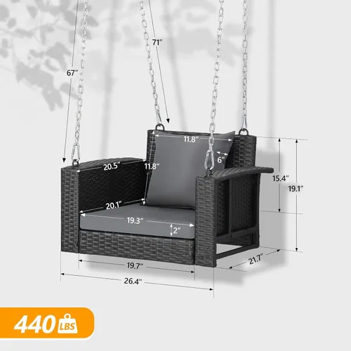 Miniatura 5 de VINGLI Columpio de ratán para porche de 2.2 pies para 1 persona, uso en exteriores, soporta 440 libras, con cojines y cadenas ajustables, silla