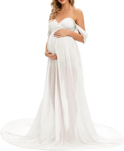 Miniatura 2 de ZIUMUDY Vestido largo de gasa de maternidad para sesión de fotos, fotografía con hombros descubiertos, vestido de gasa transparente envuelto