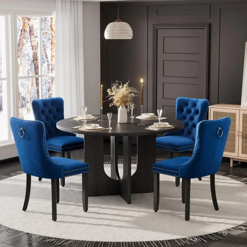 Miniatura 15 de Mesa de comedor redonda de 47 pulgadas para juego de mesa de cocina rústica de 6,7 piezas, mesa de comedor de granja, sillas negras de alta gama