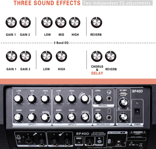 Miniatura 6 de Coolmusic BP40D amplificador acústico para guitarra eléctrica portátil con Bluetooth, altavoz de 80W con batería y efectos de reverberación, coro
