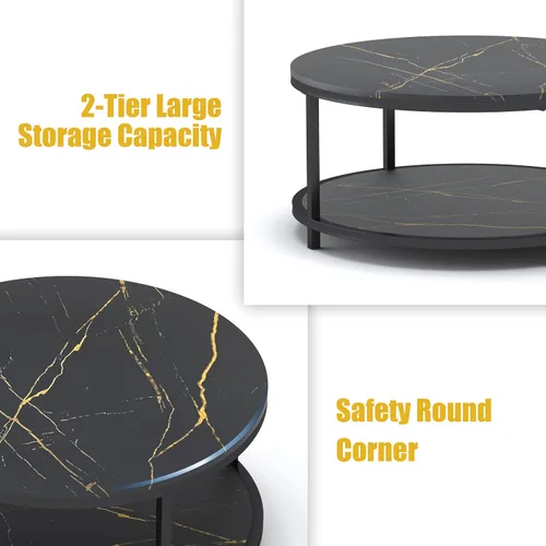 Miniatura 6 de WiberWi Mesa de centro redonda negra para sala de estar de 35.8 pulgadas, mesa circular con parte superior de mármol sintético, patas de metal Negro