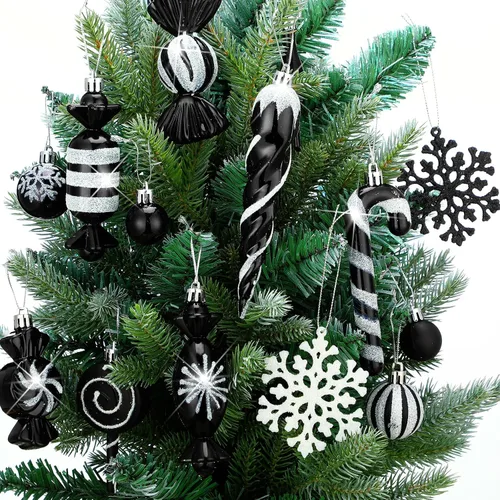 Miniatura 3 de 120 Piezas Adornos para Árbol de Navidad en Blanco y Negro Bola de Navidad Copo de Nieve Colgantes Adornos de Dulces Remolino Adorno de Piruleta