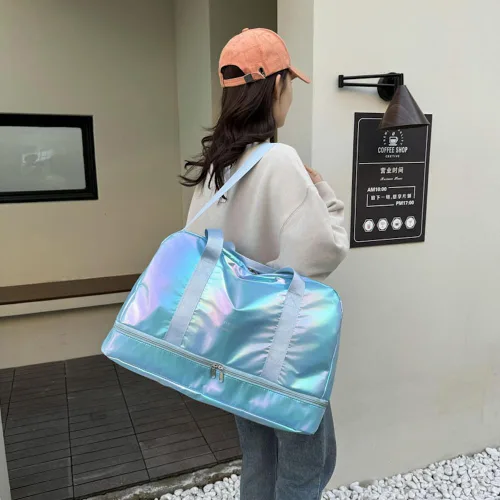Miniatura 3 de Bolsa de lona holográfica brillante para gimnasio con compartimento para zapatos y bolsillo húmedo, bolsa de viaje para mujer para fin de semana