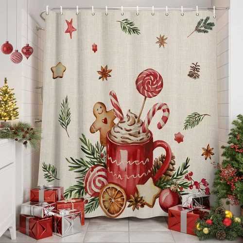 Miniatura 2 de Cortina de ducha navideña para baño, 72 x 72 pulgadas, diseño de hombre de jengibre retro, café, capuchino, cortina de ducha de lino con ganchos