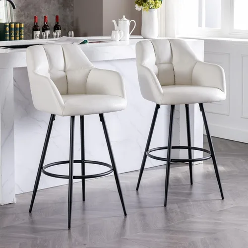 Miniatura 13 de ROCITY Juego de 2 taburetes de bar de terciopelo con respaldo, silla de bar beige para isla de cocina, taburetes de bar modernos con patas de metal
