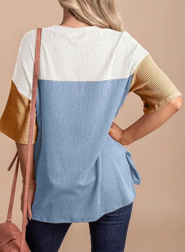 Miniatura 4 de EVALESS Camisetas de verano de manga corta con cuello redondo para mujer, bloque de color, ligeras