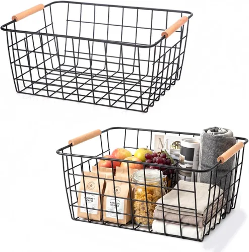 Cesta de alambre negro de metal, organizador de almacenamiento de alimentos con asas de madera, organizadores de despensa y almacenamiento para