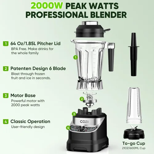 Miniatura 5 de Licuadora profesional de 2000 W, licuadoras de encimera de batido para cocina, 7 programas preestablecidos para trituración de hielo, bebidas