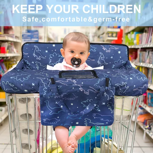 Miniatura 2 de Funda para carrito de compras para bebé, funda para silla alta 2 en 1, con arnés de seguridad, multifuncional, patrón de dinosaurio, color azul