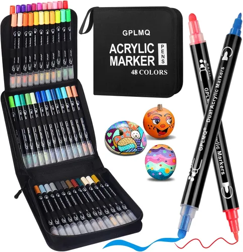 Marcadores de pintura acrílica de doble punta de 48 colores, marcadores de punta fina y redonda para rocas, madera, lienzo, vidrio, cerámica,