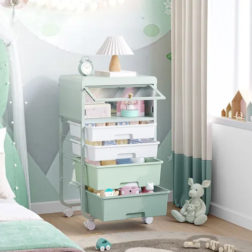 SYKIARIOL Cajón de almacenamiento con ruedas de 4 cajones, organizador de manualidades con puerta a prueba de polvo para niños, sala de juegos,