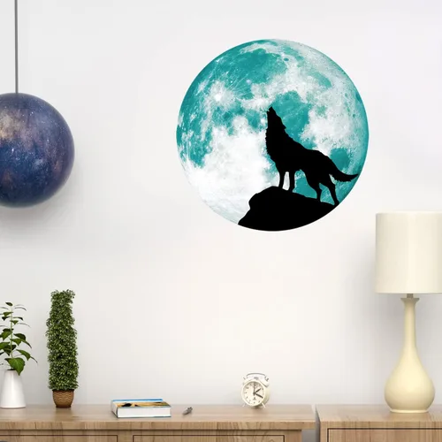 Miniatura 5 de Calcomanía creativa de pared de luna luminosa, diseño de lobo que brilla en la oscuridad, adhesivo de pared de PVC extraíble impermeable