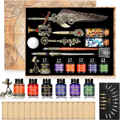 Miniatura 8 de Juego de pluma estilográfica y tinta, con pluma estilográfica, pluma de madera, pluma de vidrio, 6 botellas de tinta, papel de 16 letras, 2 sobres