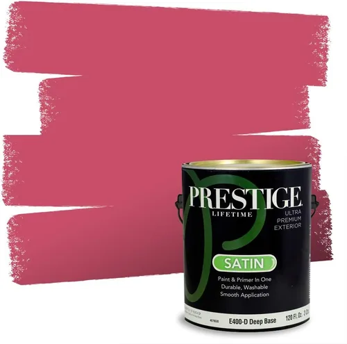 Miniatura 205 de Prestige Paints E100-T-SW6591 Pintura exterior e imprimación en uno, 1 galón, plano, combinación comparable de Sherwin Williams Amaryllis, 1 galón