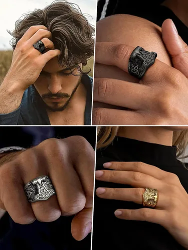Miniatura 3 de FaithHeart Norse Viking Jewelry - Anillo de acero inoxidable de guerrero para hombre con diseño vikingo de cabeza de lobomartillo de Thor