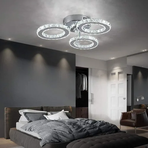 Miniatura 8 de Deckrico Moderno candelabro de cristal de montaje empotrado, lámpara de techo colgante de acero inoxidable de 3 anillos redondos para sala de estar