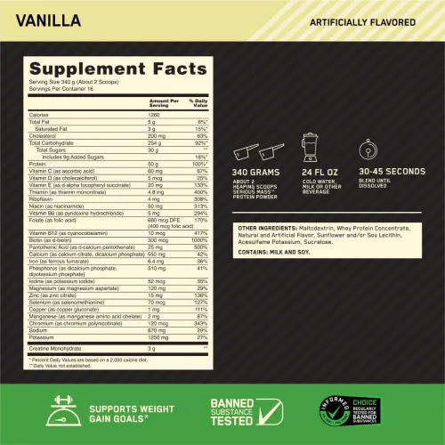 Miniatura 3 de Optimum Nutrition Serious Mass Weight Gainer Proteína en polvo, vitamina C y zinc para apoyo inmunológico, vainilla, 12 libras