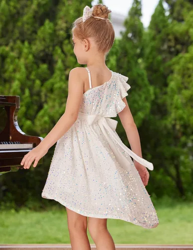 Miniatura 3 de GRACE KARIN Vestido de lentejuelas de un hombro para niñas, vestido de fiesta alto y bajo para 5-14 años