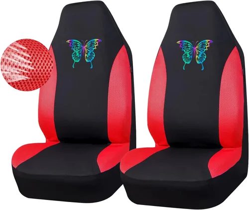 Fundas de asiento delantero de malla de aire 3D color rojo, fundas de asiento reflectantes de mariposa coloridas, compatibles con bolsas de aire,