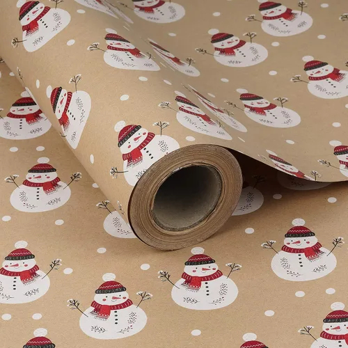 RUSPEPA Papel de regalo de Navidad, papel Kraft, diseño navideño con muñeco de nieve, 24 pulgadas x 100 pies, rollo jumbo