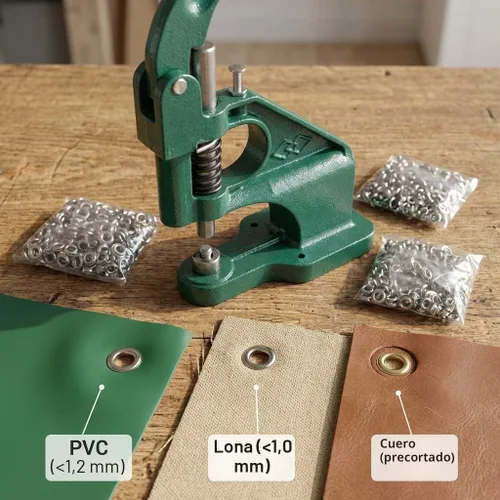 Miniatura 5 de QWORK - Kit de herramientas de perforación de ojales resistentes con 3 troqueles y 1500 ojales plateados