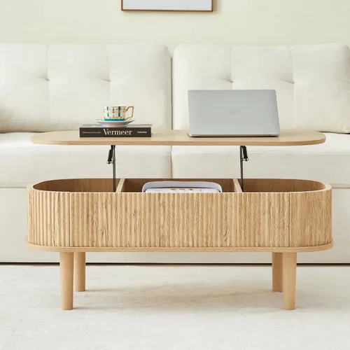 Miniatura 7 de Mesa de centro con parte superior acanalada totalmente montada con compartimento oculto, mesa central de madera, moderna mesa de elevación ovalada