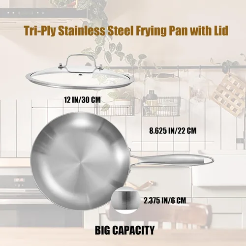 Miniatura 7 de LOLYKITCH Sartén de acero inoxidable de tres capas de 12 pulgadas con tapa, sartén, sartén de inducción, apta para horno y mango desmontable